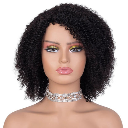 RitzWigs short kinky curly human hair bob wig with bangs on a mannequin head