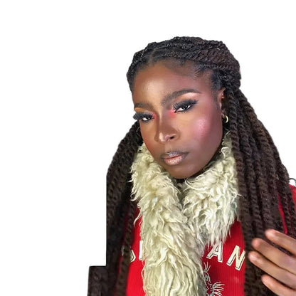 RitzWigs 22-inch kinky curly human hair bulk for twists and locs, shown on a model with styled dark brown braids.