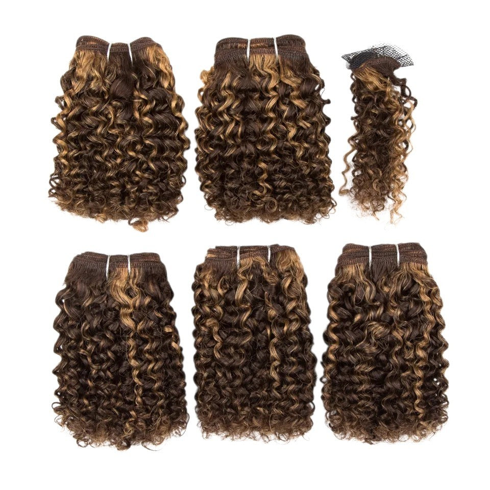 RitzWigs 6-inch kinky curly Brazilian human hair bundles in P4/27 highlight colour, 5-piece Remy weave set.