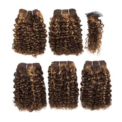 RitzWigs 6-inch kinky curly Brazilian human hair bundles in P4/27 highlight colour, 5-piece Remy weave set.