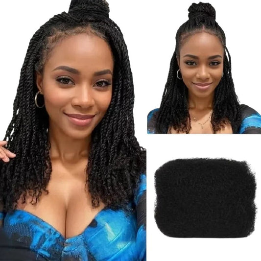 RitzWigs black kinky curly human hair extensions styled in twists on a model and a separate bundle of bulk hair.