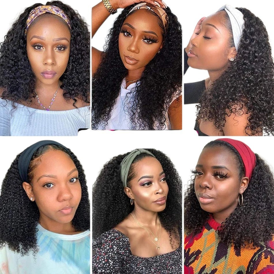 RitzWigs kinky curly human hair headband wigs featuring various colourful headbands on diverse models