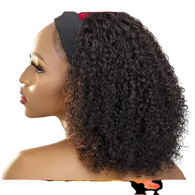 RitzWigs kinky curly human hair headband wig on a model, featuring long black Peruvian virgin hair with a glueless fit.