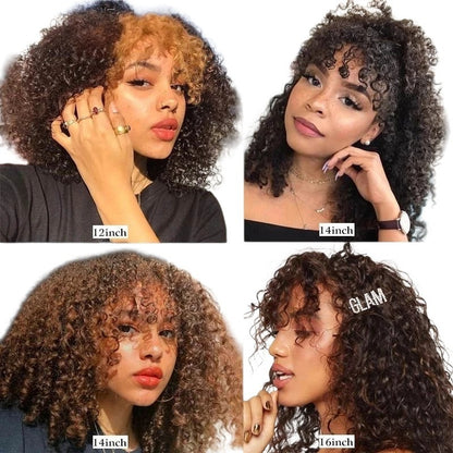RitzWigs kinky curly Brazilian Remy human hair wig with bangs and highlights on a model in various lengths