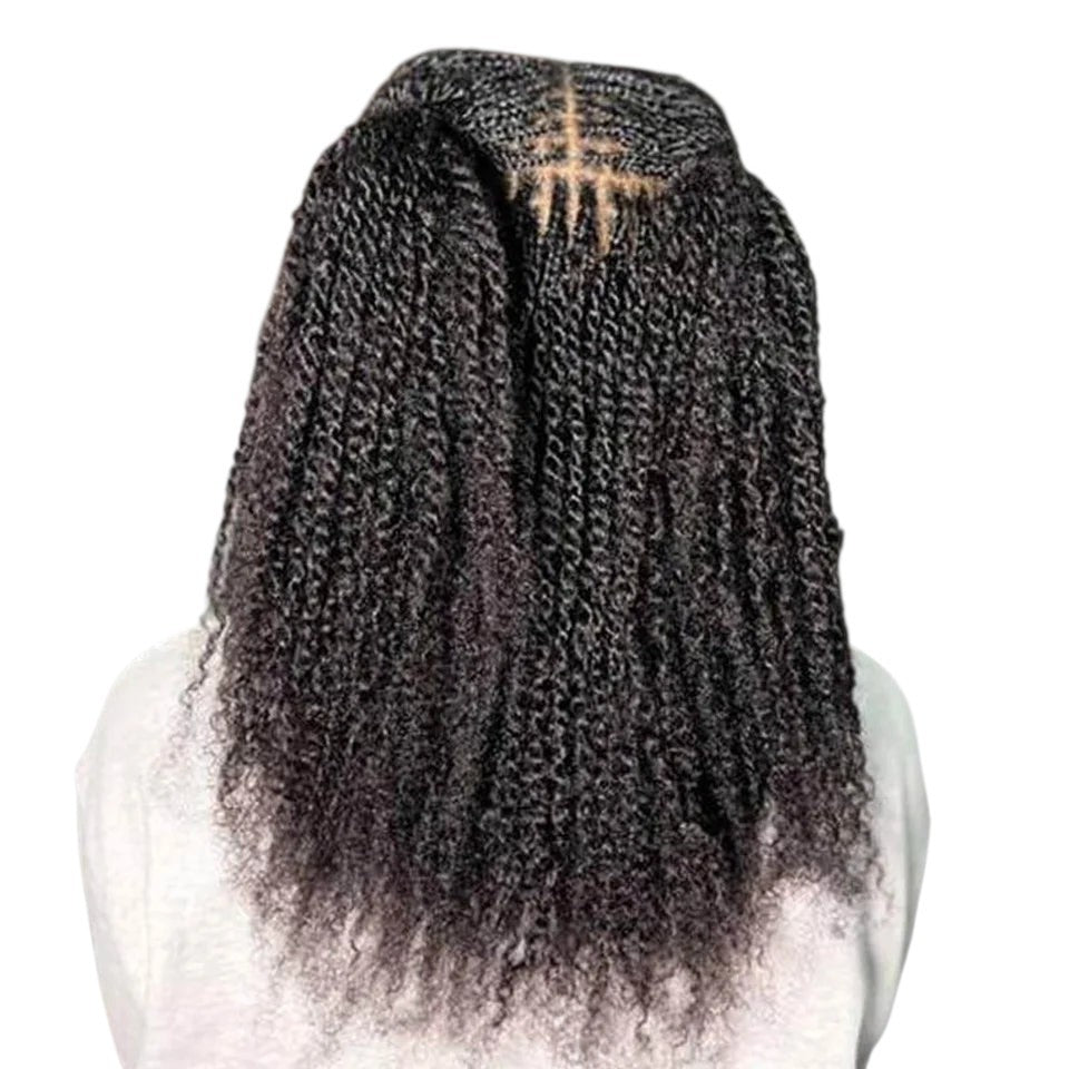 RitzWigs natural black human hair extensions with kinky curly texture styled in neat braids on a woman