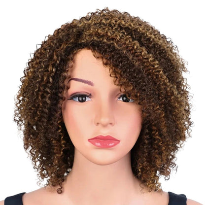 RitzWigs short kinky curly human hair bob wig with ombre highlights and bangs on a mannequin head
