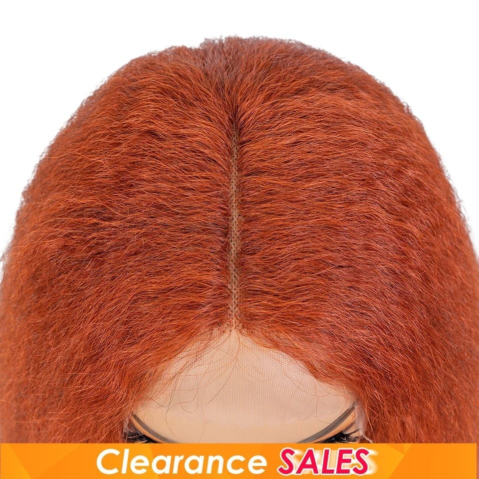 RitzWigs kinky straight human hair bob wig with a middle part and transparent lace front in a vibrant auburn colour