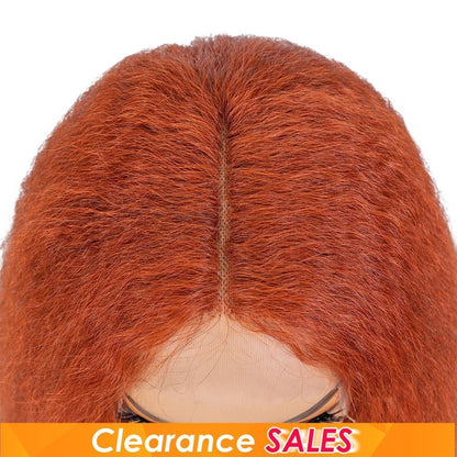 RitzWigs kinky straight human hair bob wig with a middle part and transparent lace front in a vibrant auburn colour