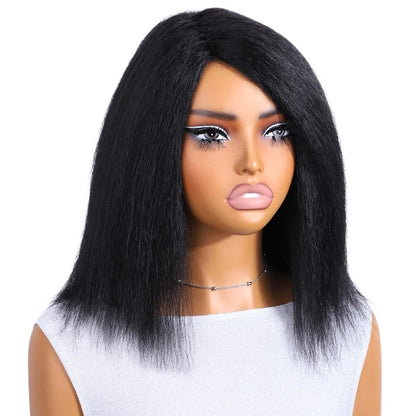 RitzWigs kinky straight black bob human hair wig on a mannequin with a side part and natural texture.