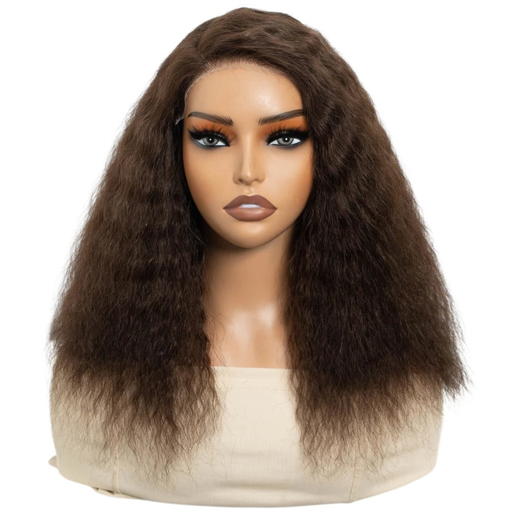RitzWigs 14-inch kinky straight bob human hair wig in natural brown with transparent lace front on a mannequin head.
