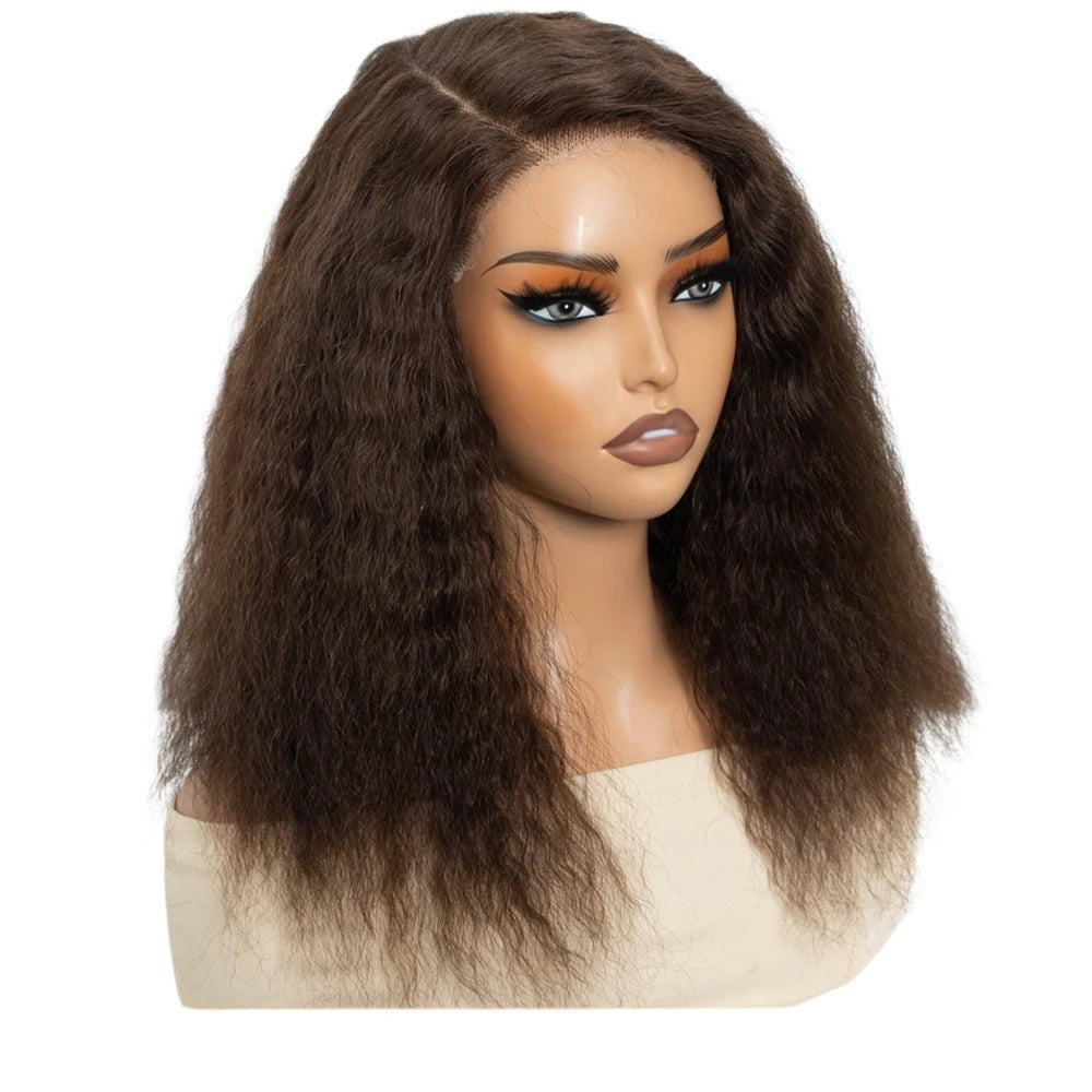 RitzWigs 14-inch kinky straight bob human hair wig with a side part and transparent lace on a mannequin head.