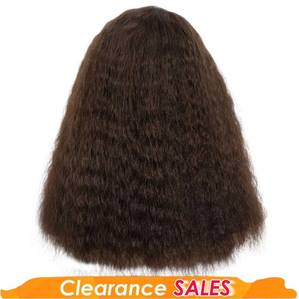 RitzWigs 14 inch kinky straight bob human hair wig in natural brown with a side part and transparent lace base