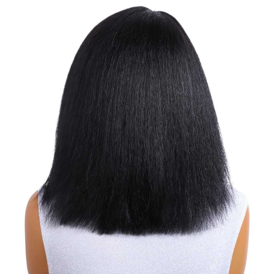 RitzWigs kinky straight human hair bob wig in black, showing the back view of the textured Brazilian Remy hair.