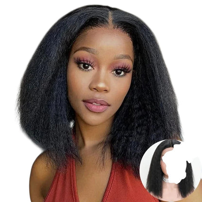 RitzWigs kinky straight human hair bob wig with a middle part and pre-plucked lace front on a model