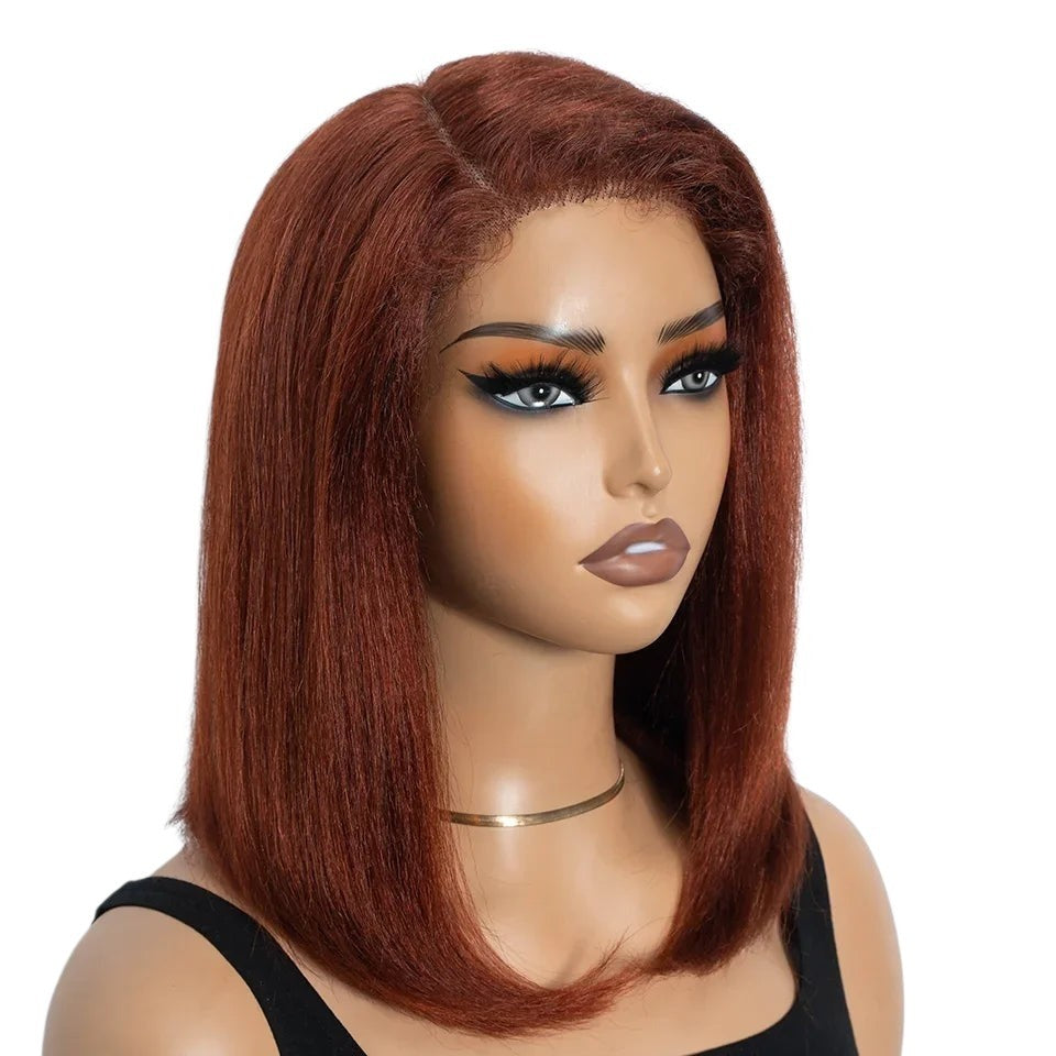 RitzWigs 14-inch kinky straight bob human hair lace wig in a reddish-brown shade on a mannequin head