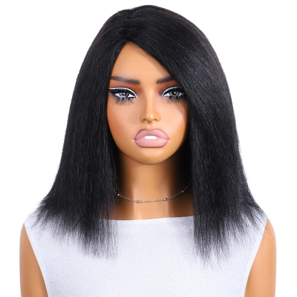 RitzWigs kinky straight Brazilian human hair bob wig with a side part on a mannequin head