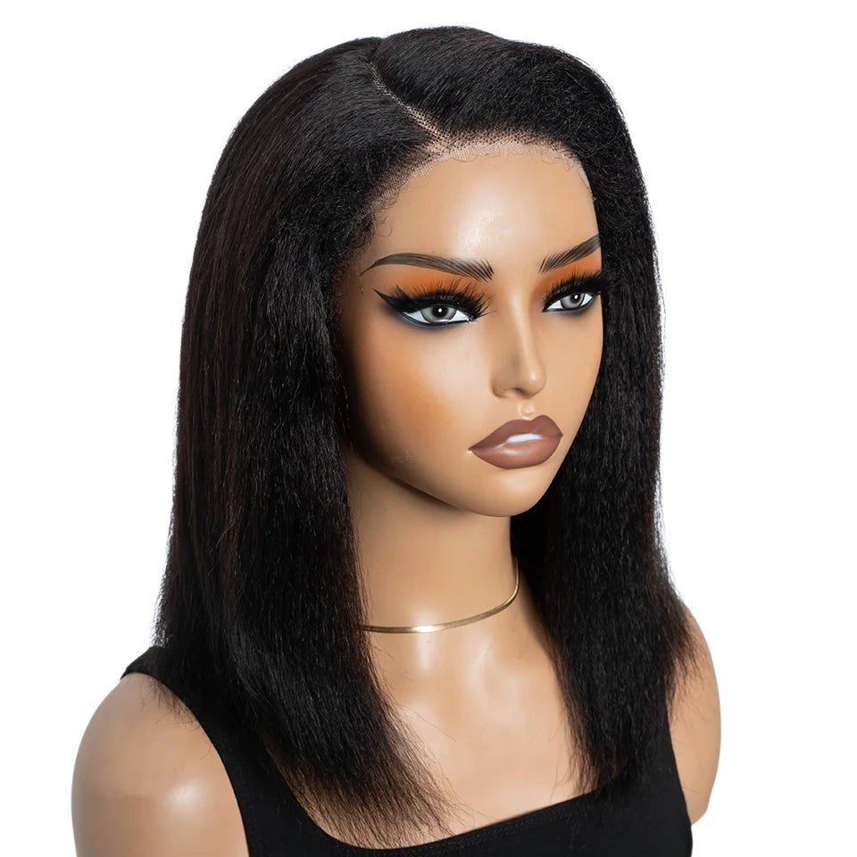 RitzWigs 14-inch kinky straight human hair bob wig with a side part and natural hairline on a mannequin