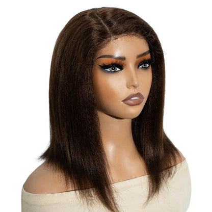 RitzWigs 14-inch kinky straight bob human hair lace wig with a side part and natural hairline on a mannequin head