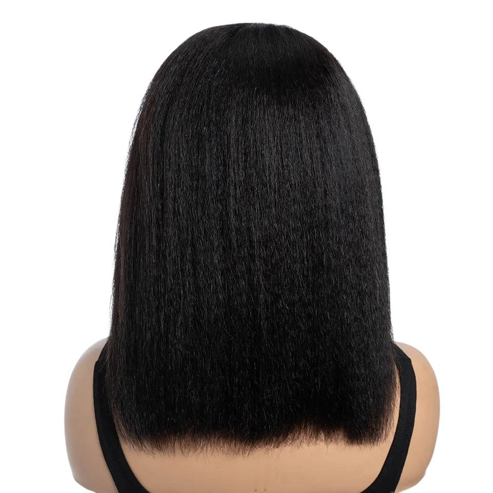 RitzWigs 14-inch kinky straight bob human hair lace wig in natural black, shown from the back on a mannequin head.