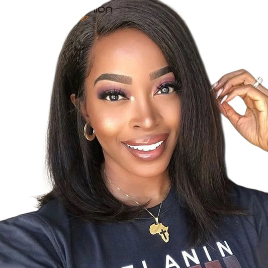 RitzWigs 14-inch kinky straight bob human hair lace wig with a natural side part and pre-plucked hairline