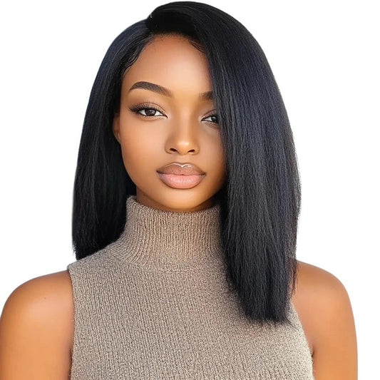 RitzWigs kinky straight human hair bob wig with a side part on a model wearing a beige sleeveless turtleneck top