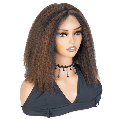 RitzWigs kinky straight human hair bob wig with a middle part and brown highlights on a mannequin head.