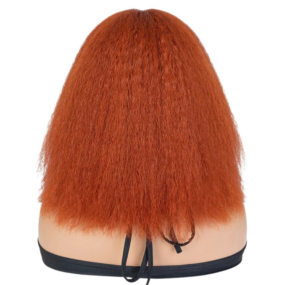 RitzWigs kinky straight bob human hair wig in a vibrant copper colour on a mannequin head, back view.