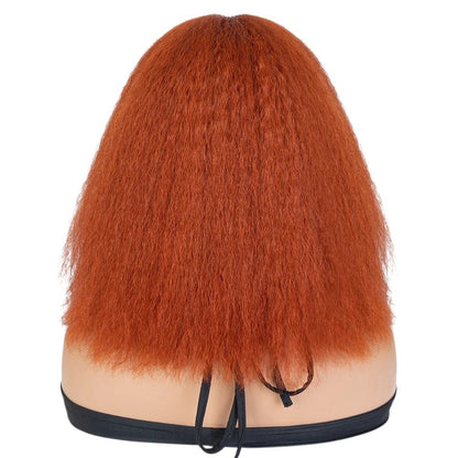 RitzWigs kinky straight bob human hair wig in a vibrant copper colour on a mannequin head, back view.