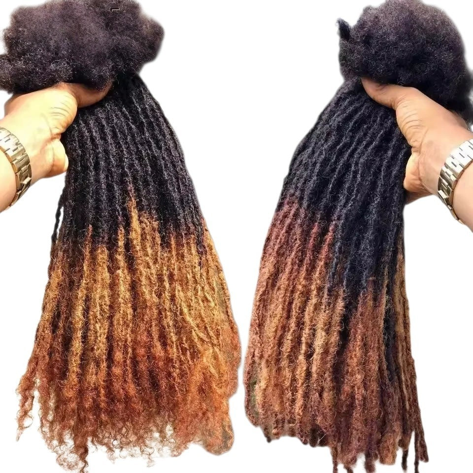 RitzWigs Brazilian kinky straight human hair dreadlock extensions with a black to light brown ombre colour gradient.