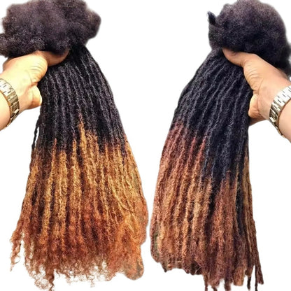 RitzWigs Brazilian kinky straight human hair dreadlock extensions with a black to light brown ombre colour gradient.