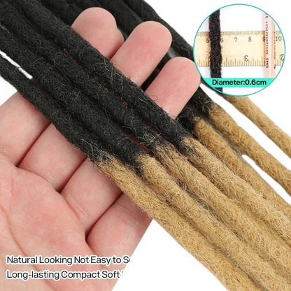 RitzWigs kinky straight human hair dreadlock extensions with a black and blonde ombre design, 0.6cm diameter.