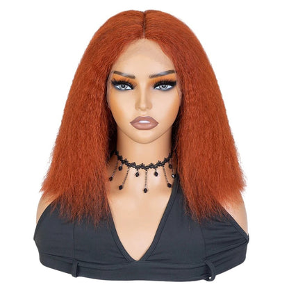 RitzWigs kinky straight bob wig in ginger orange on a mannequin head with a middle part and transparent lace front.