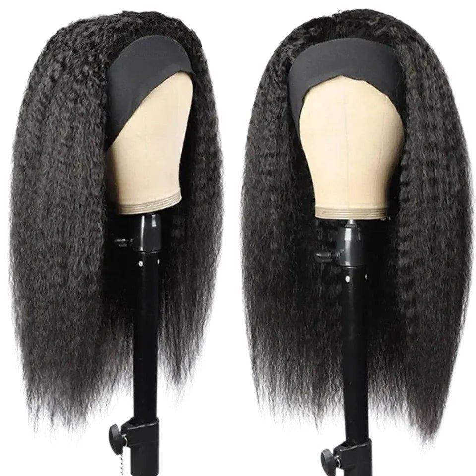RitzWigs 22-inch kinky straight human hair headband wig on a mannequin head, featuring natural black Brazilian Remy hair.