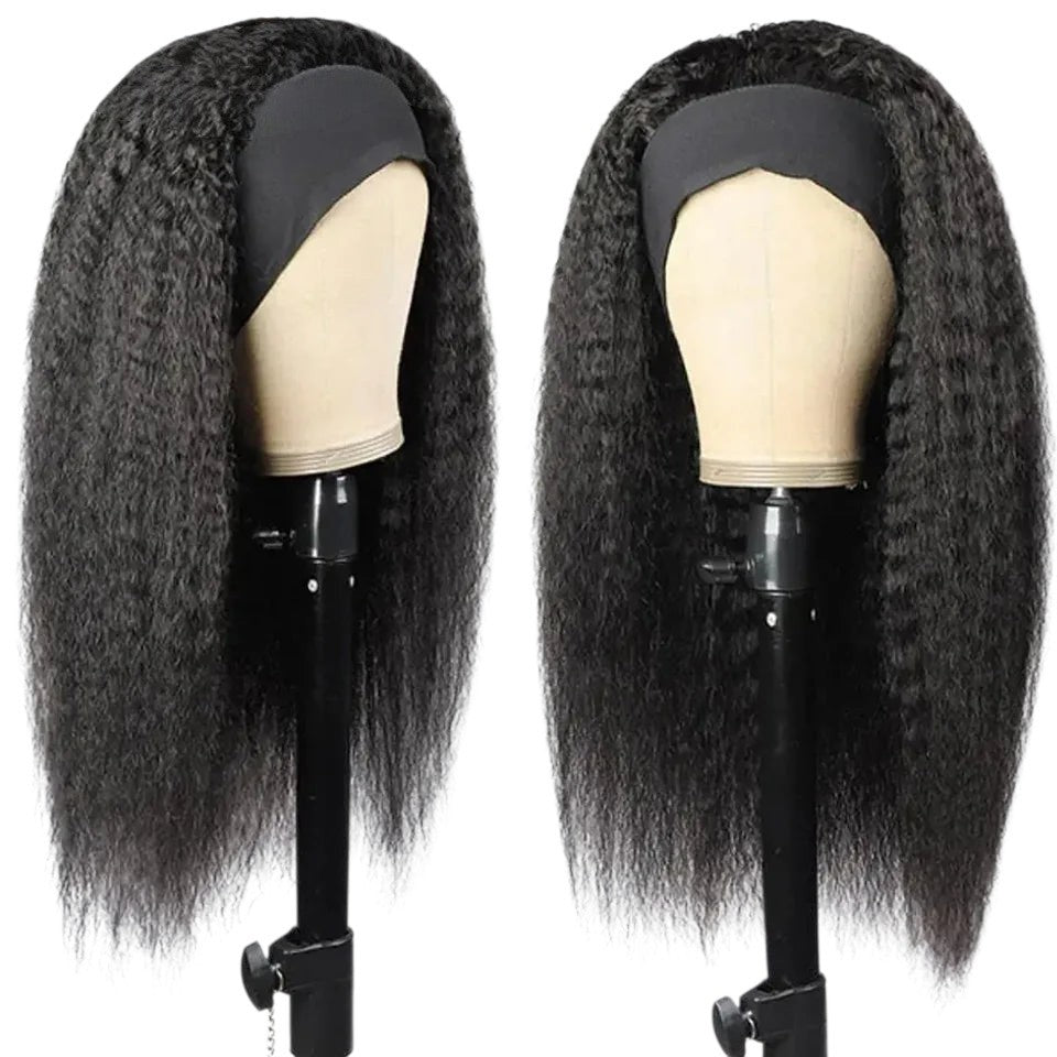 RitzWigs 22-inch kinky straight human hair headband wig on a mannequin head, featuring natural black Brazilian hair.