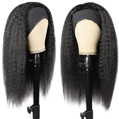 RitzWigs 22-inch kinky straight human hair headband wig on a mannequin head, featuring natural black Brazilian hair.