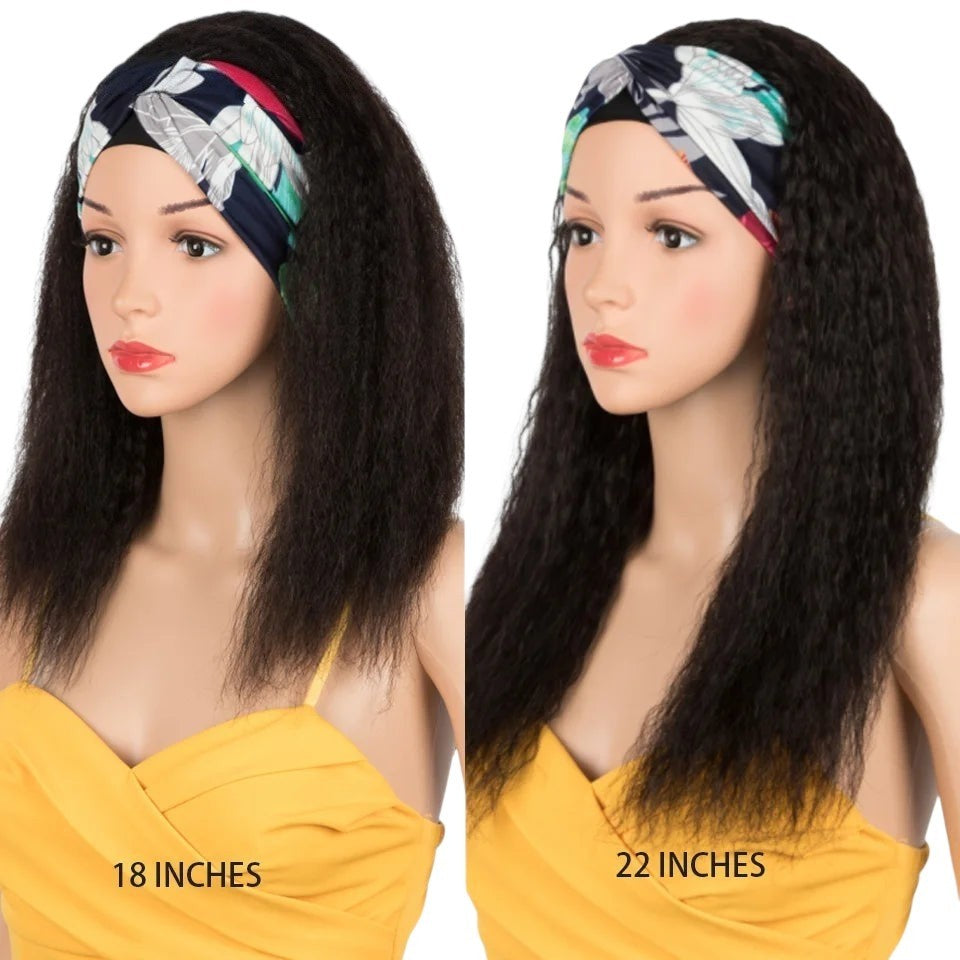 RitzWigs kinky straight human hair headband wig on a mannequin, showing 18-inch and 22-inch length options.