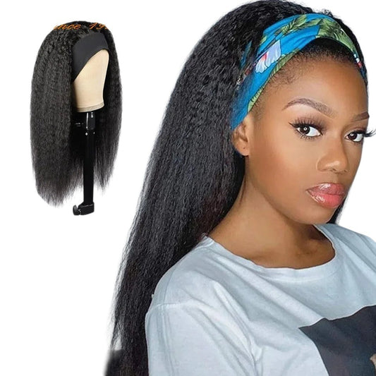 RitzWigs kinky straight human hair headband wig worn by a woman with a colourful patterned headband