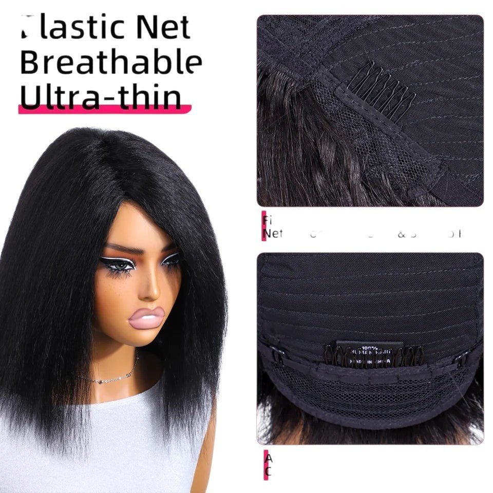 RitzWigs kinky straight Brazilian human hair bob wig on a mannequin with a breathable glueless cap and adjustable straps