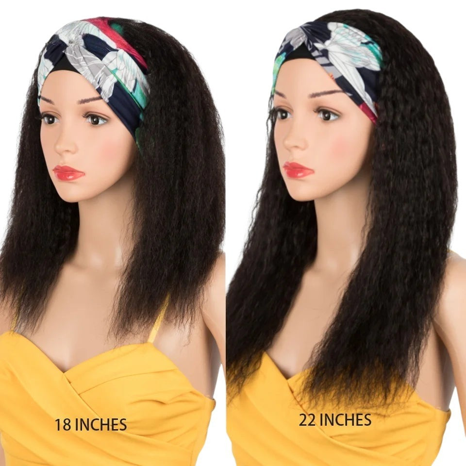 RitzWigs kinky straight human hair headband wig on mannequin, comparing 18-inch and 22-inch lengths with floral headbands