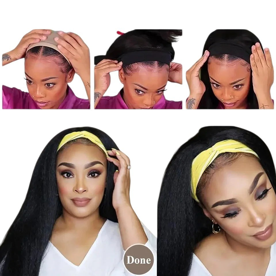RitzWigs kinky straight human hair headband wig tutorial showing a model applying the glueless unit with a yellow band