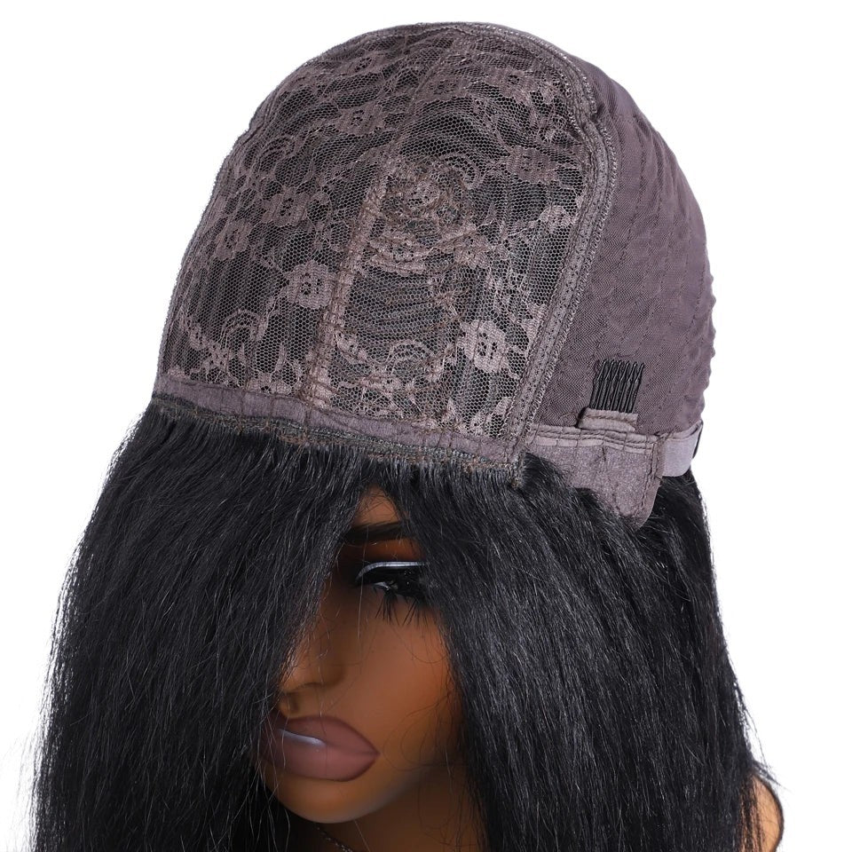 RitzWigs kinky straight human hair bob wig on a mannequin head showing the interior lace cap construction