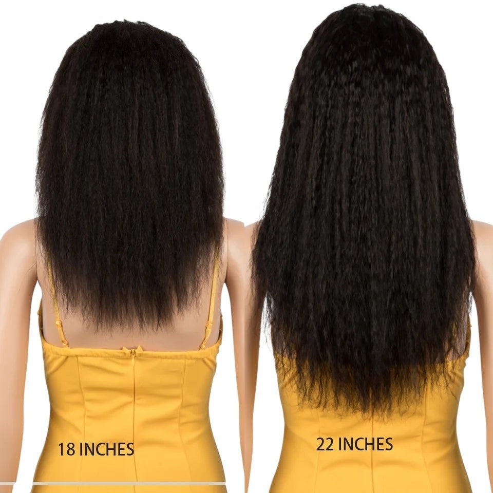 RitzWigs kinky straight human hair headband wigs in 18 and 22 inch lengths on mannequin torsos