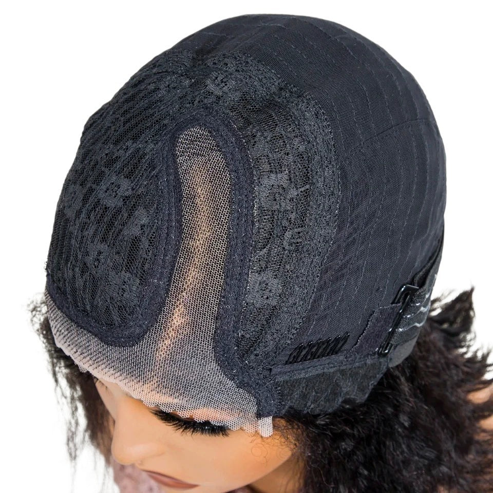 RitzWigs kinky straight bob wig showing the interior black lace cap construction and transparent lace front