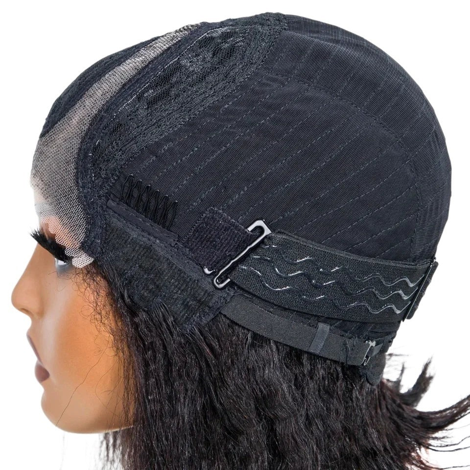 RitzWigs kinky straight human hair lace wig cap interior showing adjustable straps and transparent Swiss lace