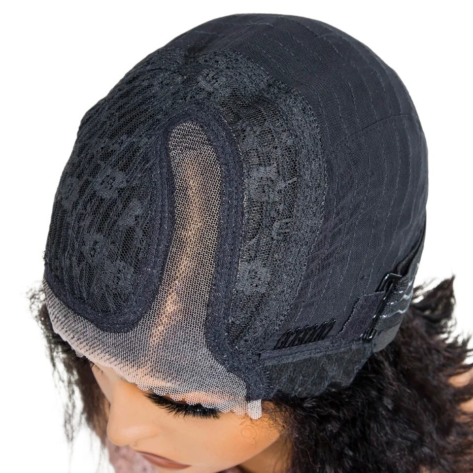 RitzWigs kinky straight human hair bob wig showing the interior Swiss lace cap construction and adjustable straps