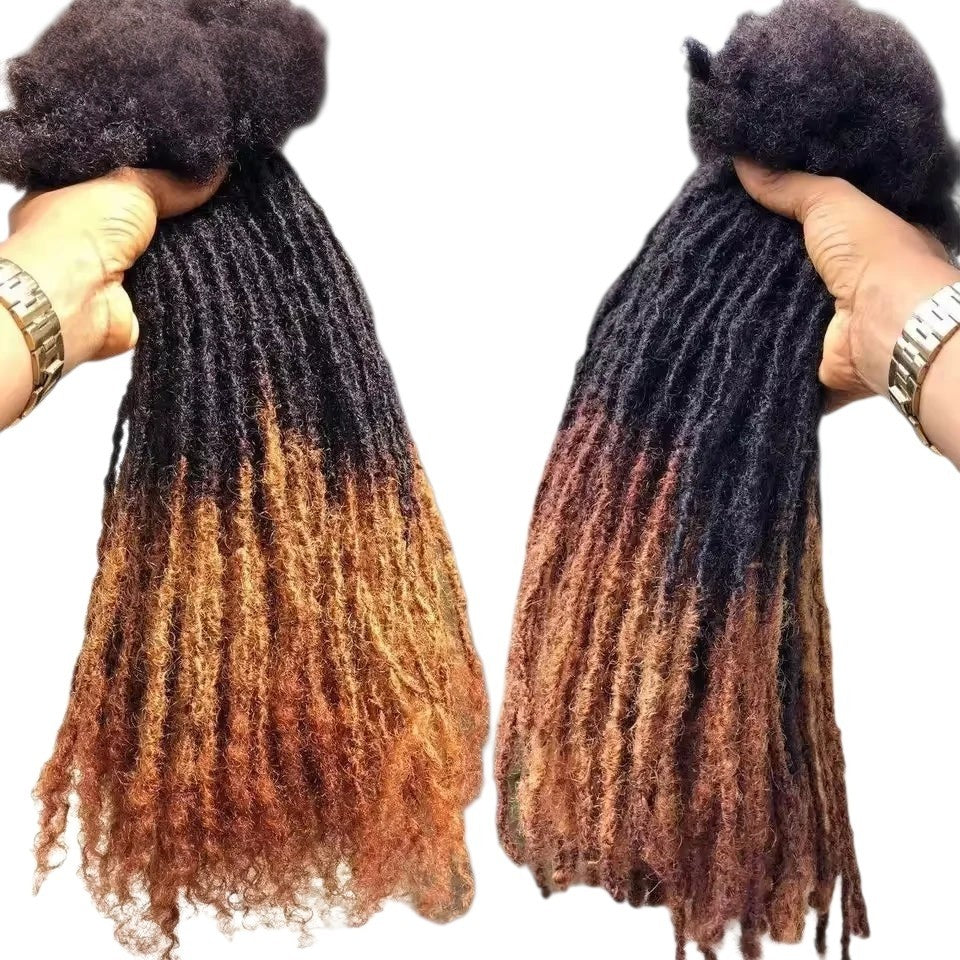 RitzWigs Brazilian kinky straight human hair dreadlock extensions with a black to light brown ombre colour gradient.
