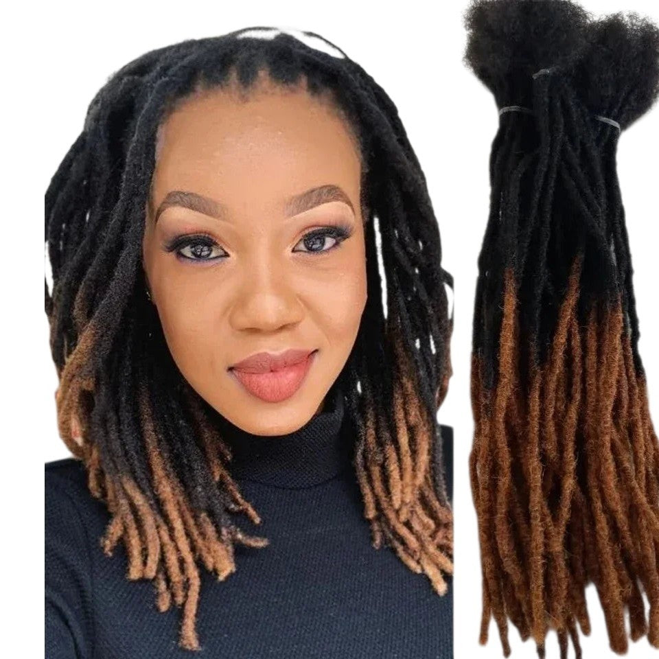 RitzWigs kinky straight human hair dreadlock extensions with a black to brown ombre colour transition