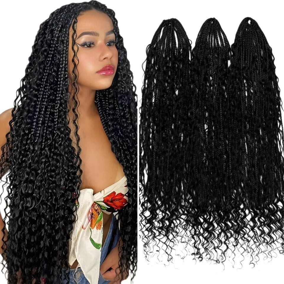 RitzWigs knotless boho goddess locs with curly human hair ends and pre-looped box braids in natural black