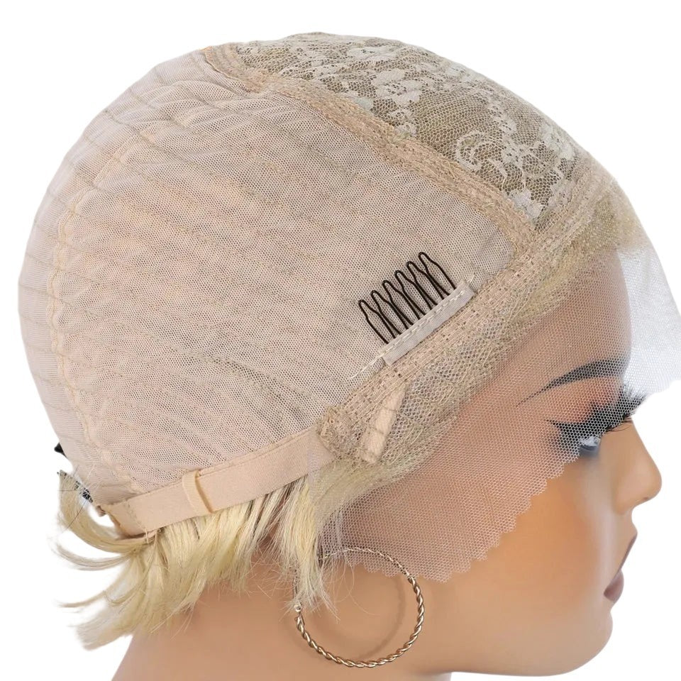 RitzWigs 13x1 lace front wig cap construction showing light brown Swiss lace and internal comb on a mannequin head