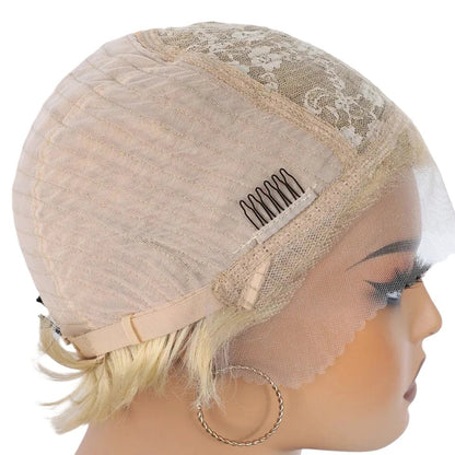 RitzWigs 13x1 lace front wig cap construction showing light brown Swiss lace and internal comb on a mannequin head